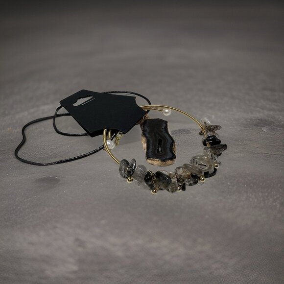 Black Agate Tourmalinated Quartz Bracelet and Necklace Bundle Jewelry Set - Picture 4 of 11